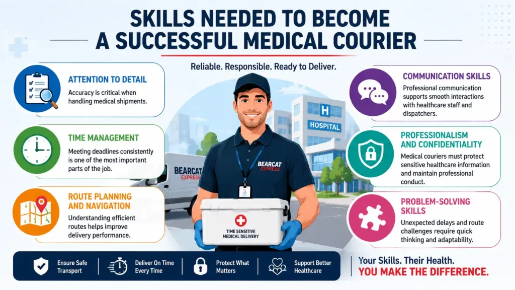 A professional infographic titled “Skills Needed to Become a Successful Medical Courier,” showing a courier holding a medical delivery box, with highlighted skills including attention to detail, time management, route planning, communication skills, professionalism, and problem-solving in a healthcare logistics setting.