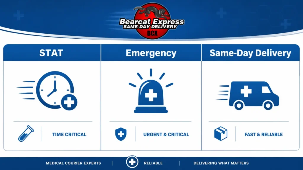 Infographic comparing STAT medical delivery, emergency delivery, and same-day delivery by urgency and use case, Bearcat Express