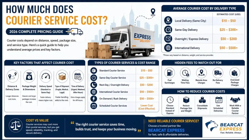 Infographic showing “How Much Does Courier Service Cost” with 2026 pricing guide, cost factors, service types, and average delivery rates including same-day, express, and international courier services.