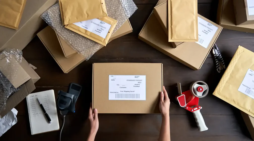 Hands preparing labeled shipping packages on a desk with tape gun and checklist courier service packaging and delivery process