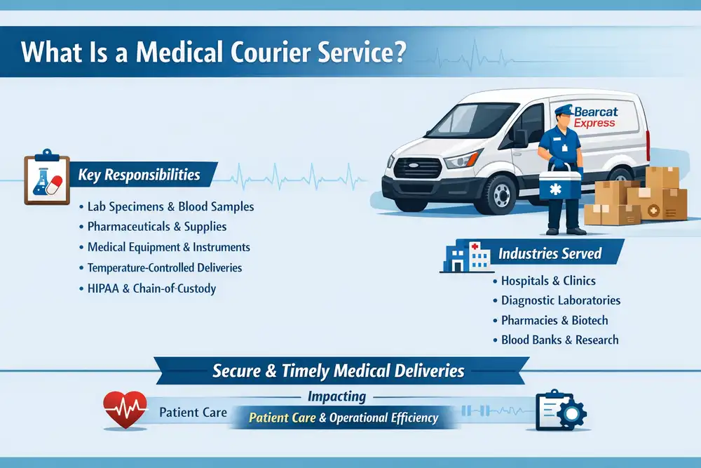 Medical courier service infographic showing Bearcat Express delivery van, key responsibilities like lab samples, pharmaceuticals, temperature-controlled deliveries, and industries served including hospitals, labs, and pharmacies.