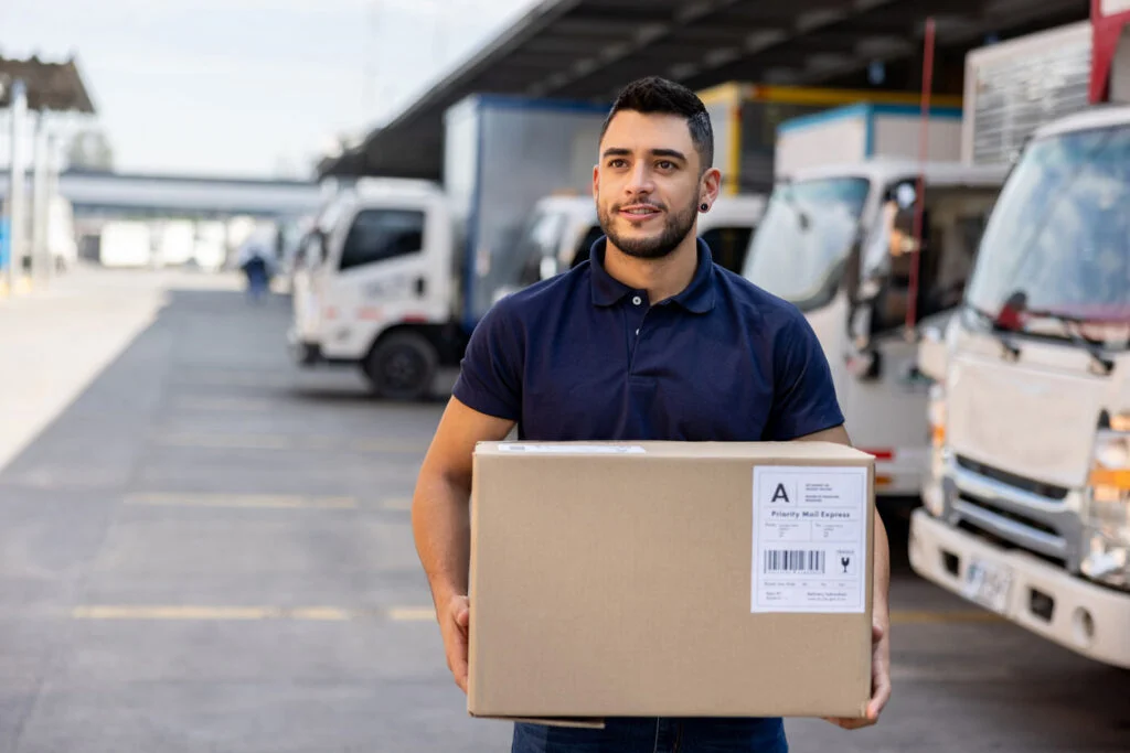 Delivery driver holding a package in a courier and carrier truck yard, representing carrier vs courier shipping services.