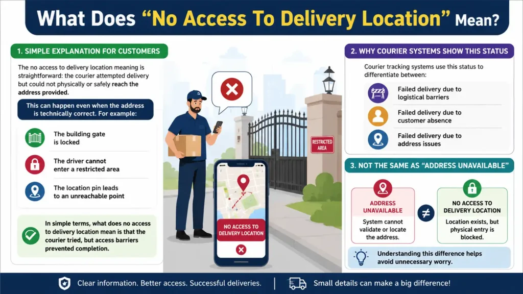 Infographic explaining “No Access To Delivery Location” showing a courier delivery attempt blocked by a locked gate, restricted area, or unreachable address with tracking status icons.