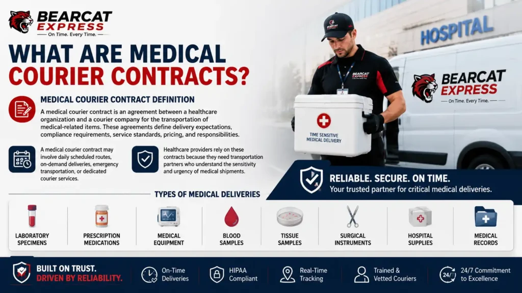 Medical courier professional from Bearcat Express delivering a temperature-controlled medical box outside a hospital, illustrating secure and reliable medical courier contracts and healthcare logistics services.