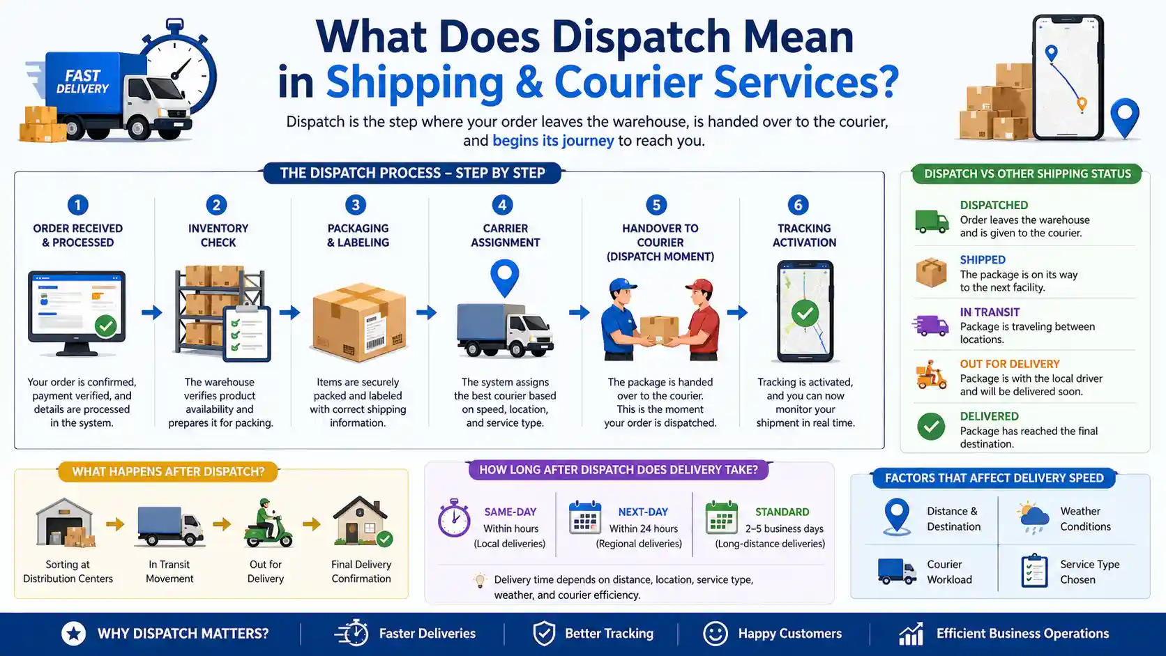 Infographic showing what dispatch means in shipping, including step-by-step dispatch process, delivery stages, tracking statuses, and delivery timelines