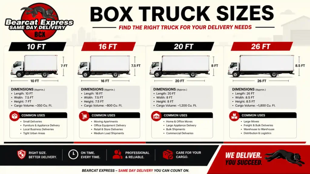 Bearcat Express Same Day Delivery box truck size comparison chart showing 10 ft, 16 ft, 20 ft, and 26 ft trucks with dimensions, cargo capacities, and common delivery uses to help customers choose the right truck for delivery needs.