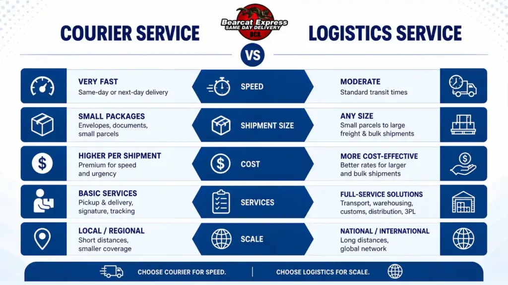 Courier Service vs Logistics Service comparison infographic showing differences in speed, shipment size, cost, services, and delivery scale. The chart compares courier services for fast local deliveries with logistics services for large-scale national and international transportation.