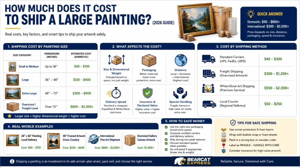 Infographic showing how much it costs to ship a large painting in 2026, including price breakdown by size, shipping methods, cost factors, and packaging tips.