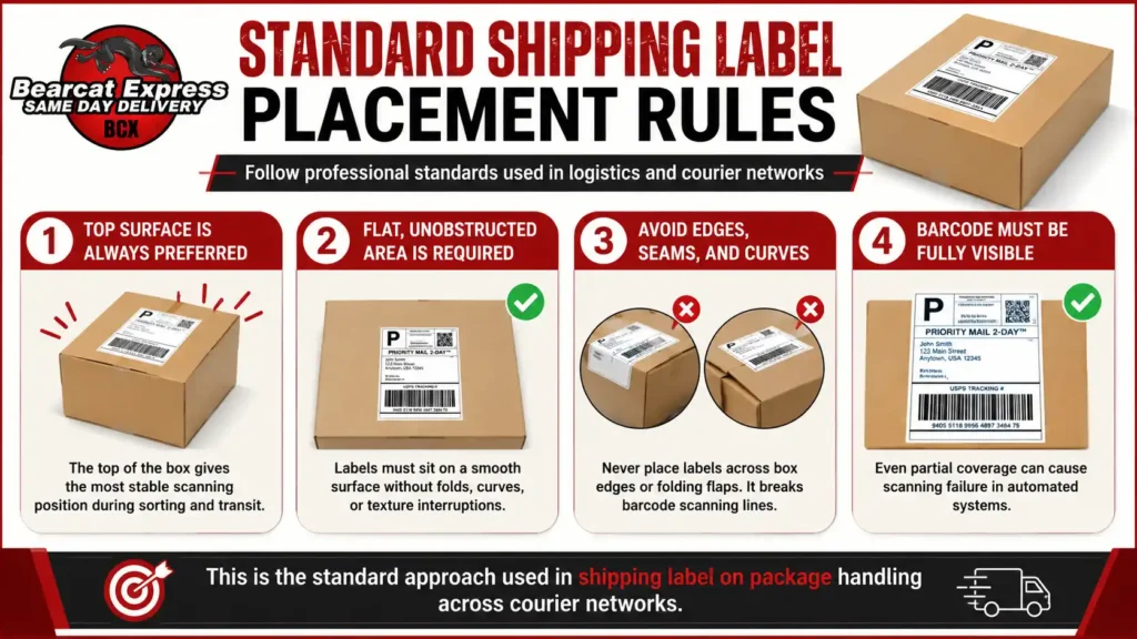 Standard shipping label placement rules infographic showing a cardboard box with a shipping label correctly placed on the top surface and four key guidelines for proper label positioning in courier and logistics handling.