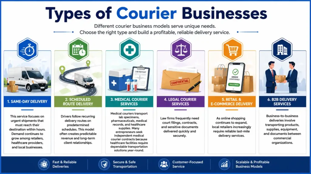 Infographic showing six types of courier businesses including same-day delivery, scheduled routes, medical courier services, legal courier services, retail & e-commerce delivery, and B2B delivery services with brief explanations of each.