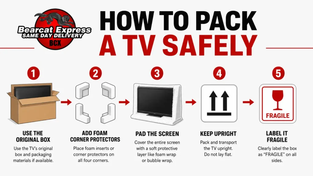 How Much Does It Cost to Ship TV infographic showing five safe TV packing steps: use the original box, add foam corner protectors, pad the screen, keep the TV upright, and label the package as fragile.