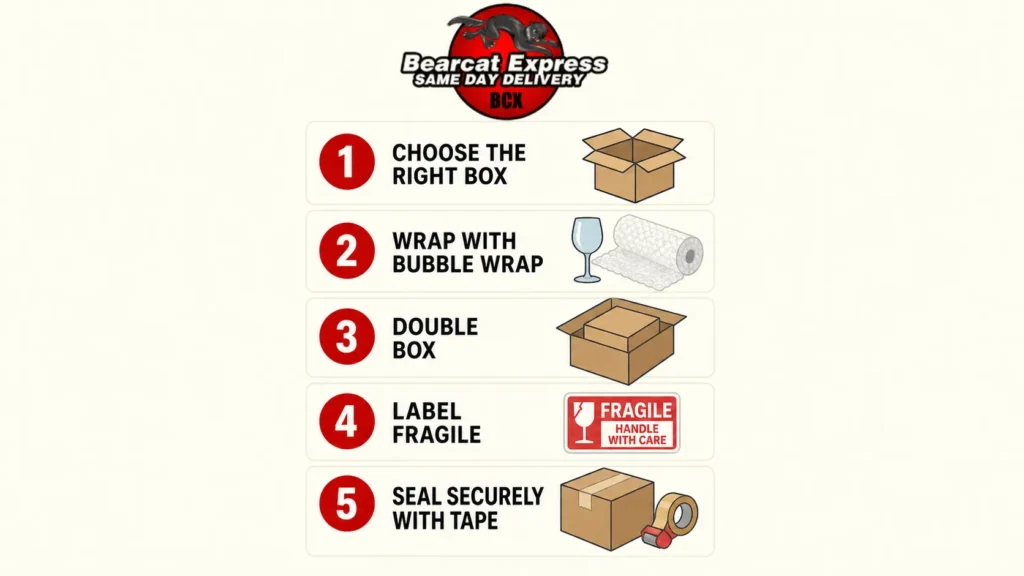 5-step infographic by Bearcat Express showing how to pack fragile items for safe transport