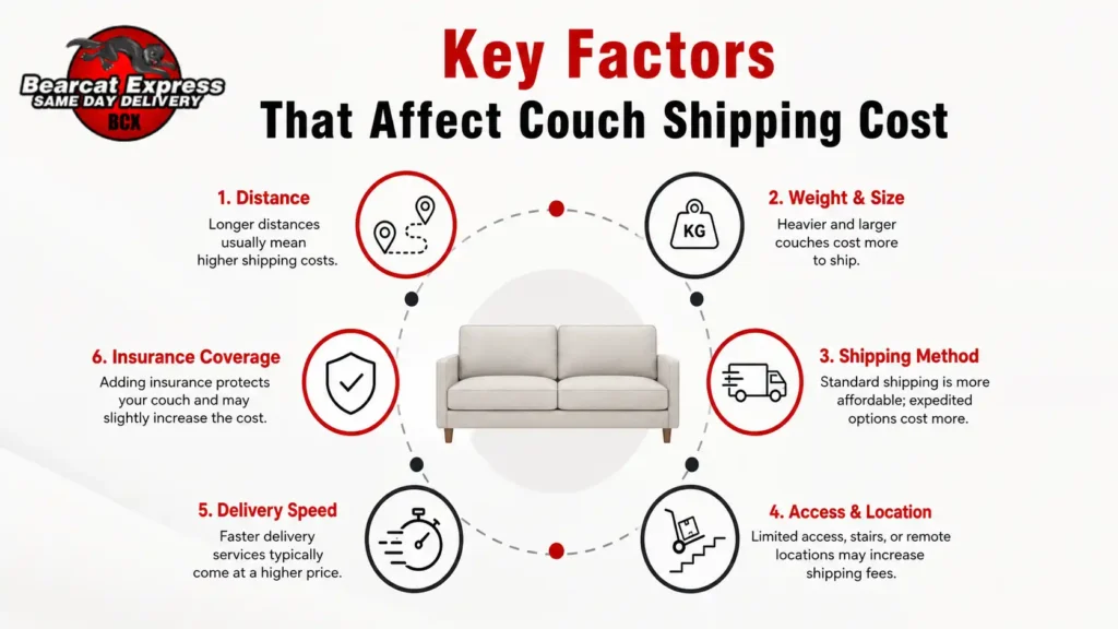 How much does it cost to ship a couch infographic showing the key factors that affect couch shipping cost, including distance, weight and size, shipping method, delivery speed, access location, and insurance coverage.