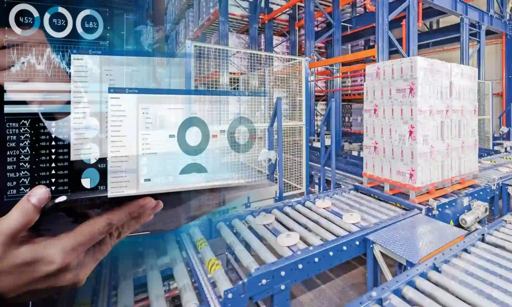 A futuristic Warehouse Management System interface overlaid on a tablet screen, displaying digital analytics and stock metrics inside a modern automated logistics warehouse.