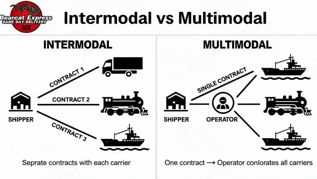 Infographic comparing intermodal vs multimodal transport, showing intermodal shipper signing three separate contracts with truck, train, and ship carriers, versus multimodal shipper using one operator and single contract to manage all carriers.