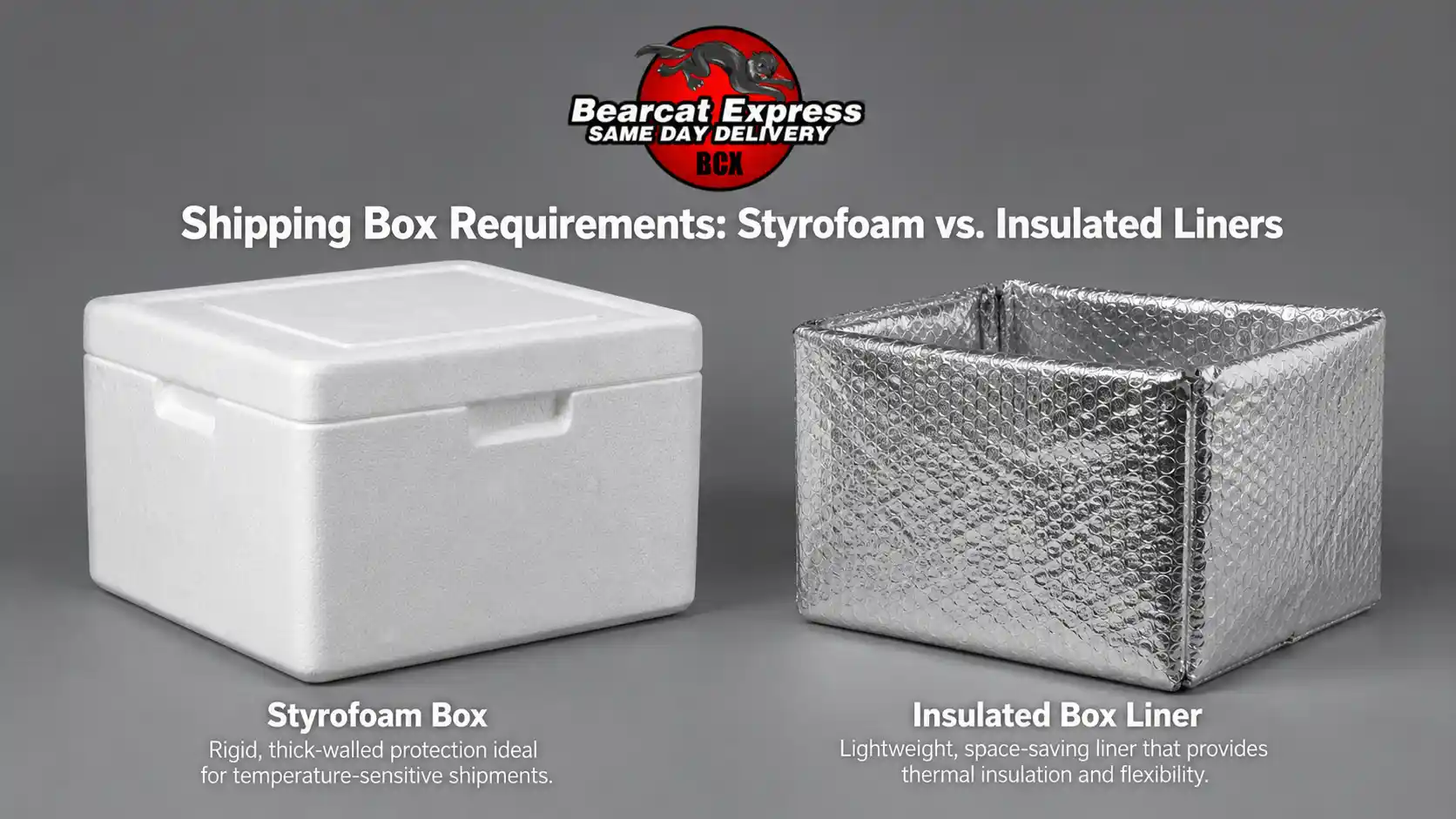 Two shipping insulation options side-by-side, featuring a thick white Styrofoam Box on the left and a silver foil Insulated Box Liner on the right, labeled under Bearcat Express branding.
