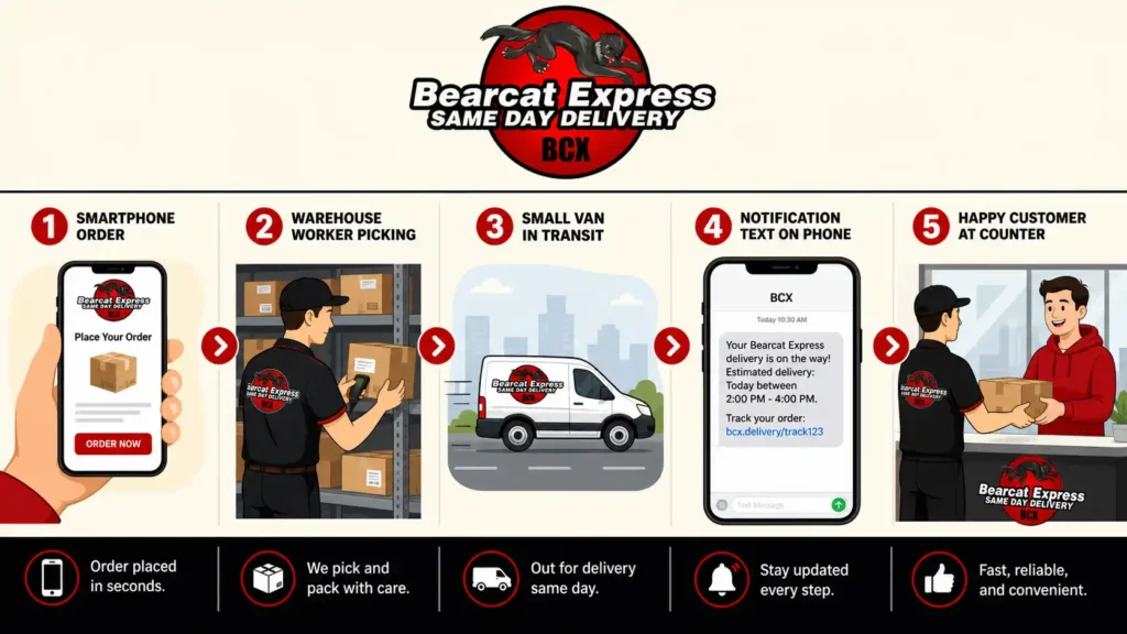 Bearcat Express 5-step click and collect delivery process infographic showing online ordering, warehouse picking, van transit, phone notification, and customer pickup.