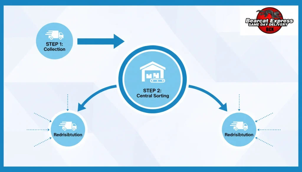 Infographic showing hub and spoke model process: collection, central sorting, and redistribution steps by Bearcat Express
