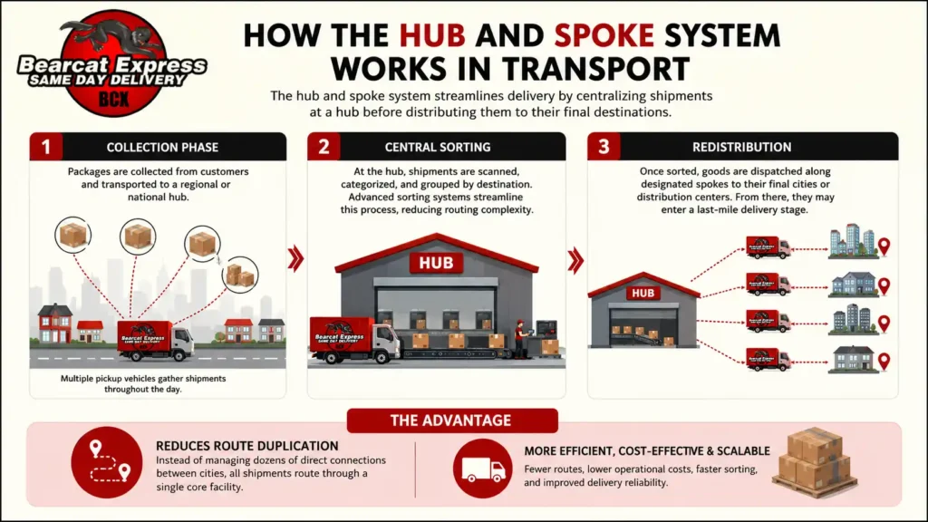 Hub and spoke transport system infographic by Bearcat Express showing collection phase, central sorting at hub, and redistribution to final destinations using delivery trucks.