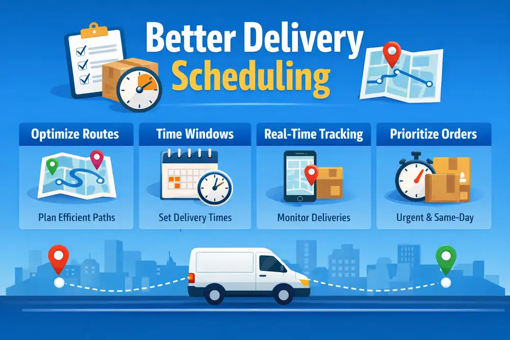 Better delivery scheduling illustration showing route optimization, time windows, real-time tracking, and order prioritization with delivery van
