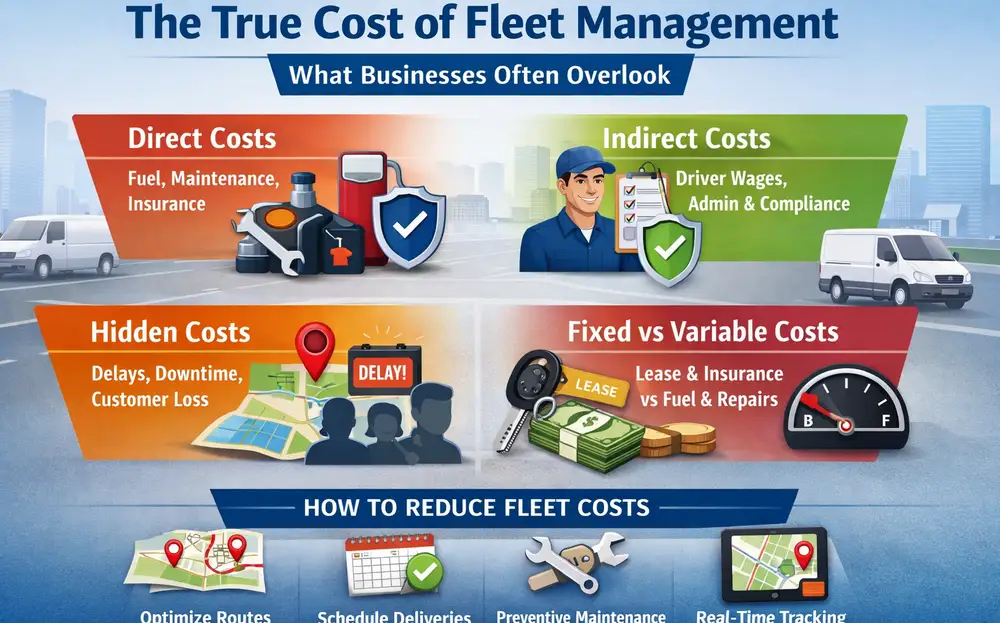 Infographic explaining the true cost of fleet management including direct, indirect, hidden, and fixed vs variable costs with strategies to reduce fleet expenses through route optimization, maintenance, and tracking.
