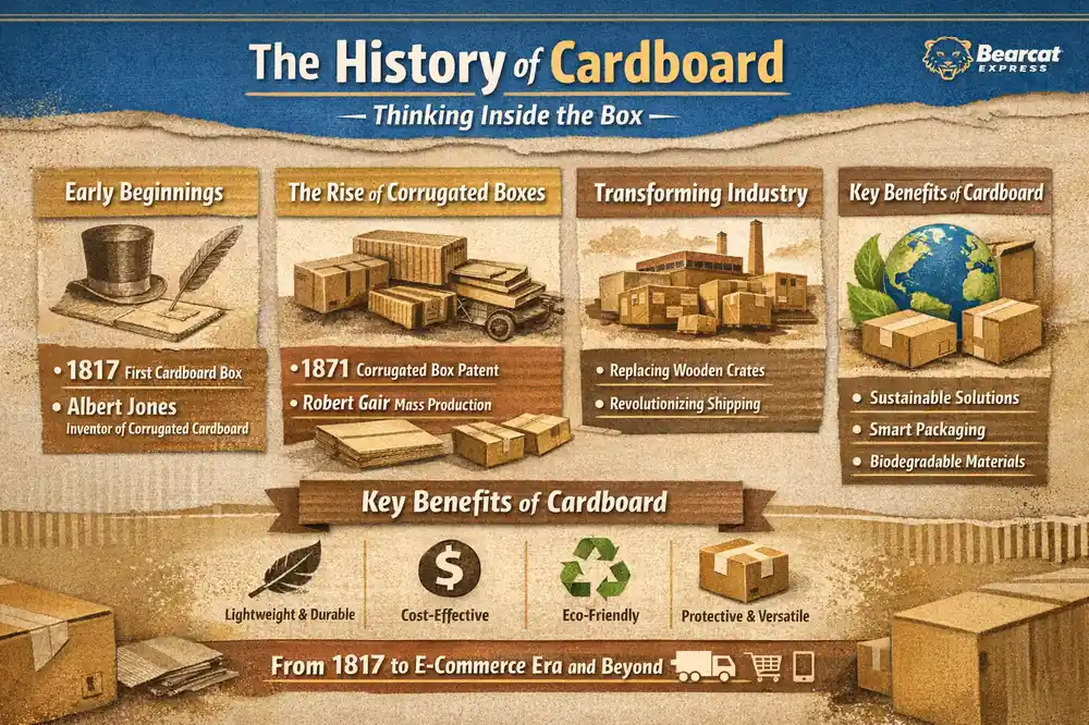 The History of Cardboard Thinking Inside the Box infographic showing early beginnings, rise of corrugated boxes, industry transformation, and key benefits.