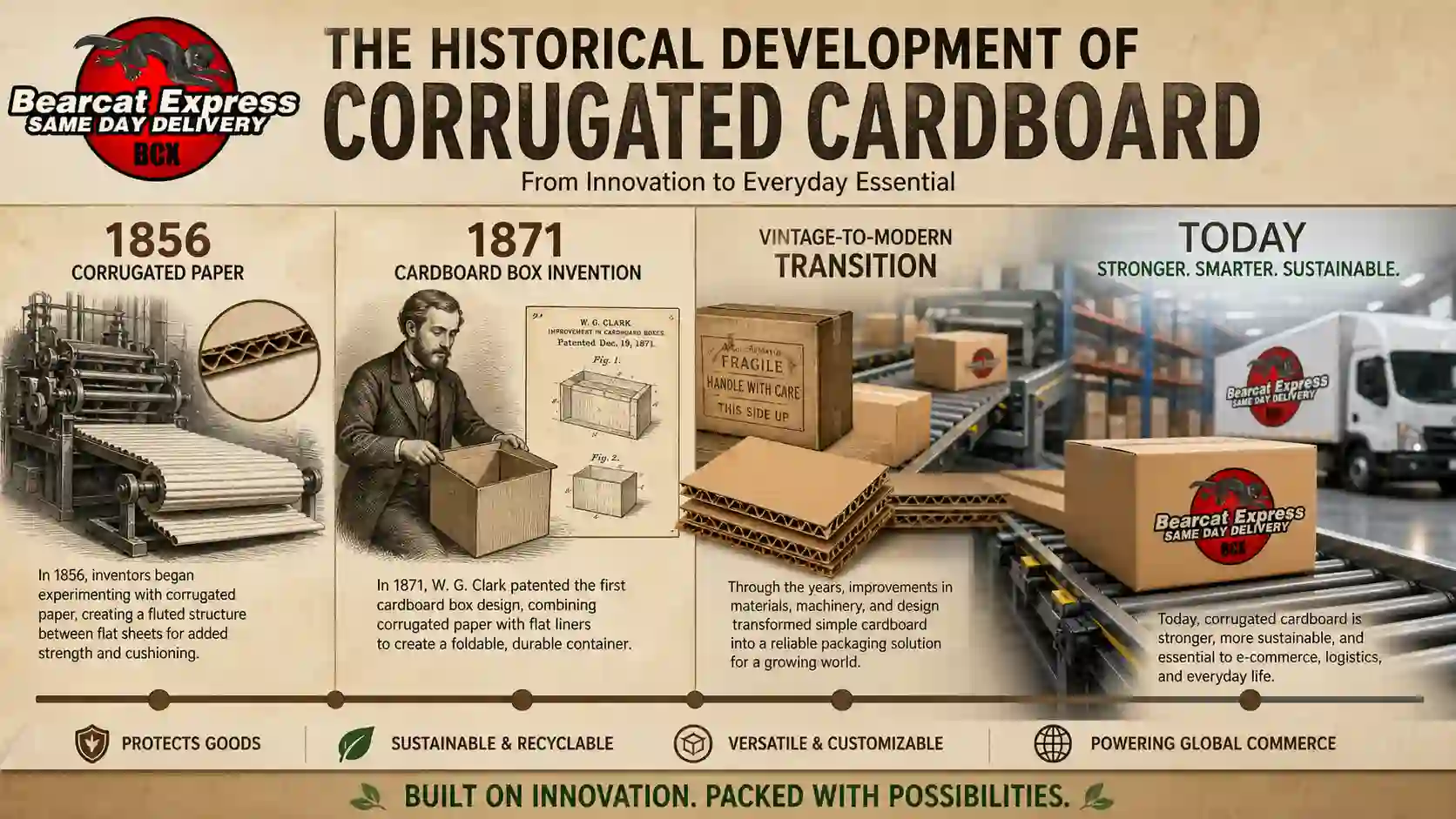 Historical development of corrugated cardboard infographic showing the evolution from 1856 corrugated paper and the 1871 cardboard box invention to modern sustainable cardboard packaging used in shipping, logistics, and e-commerce.