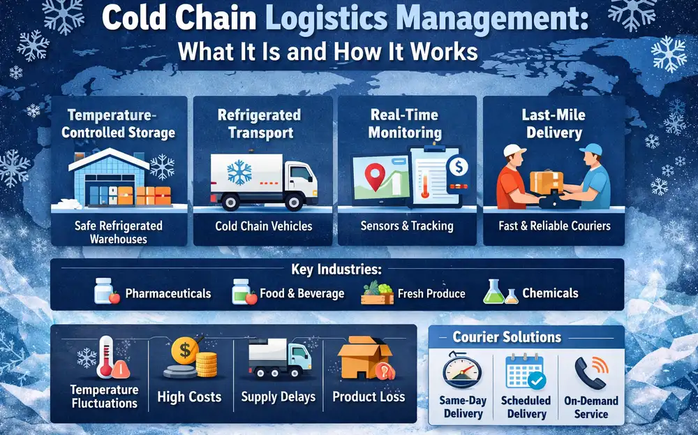 Cold chain logistics management infographic showing storage, refrigerated transport, real-time monitoring, and last-mile delivery process.