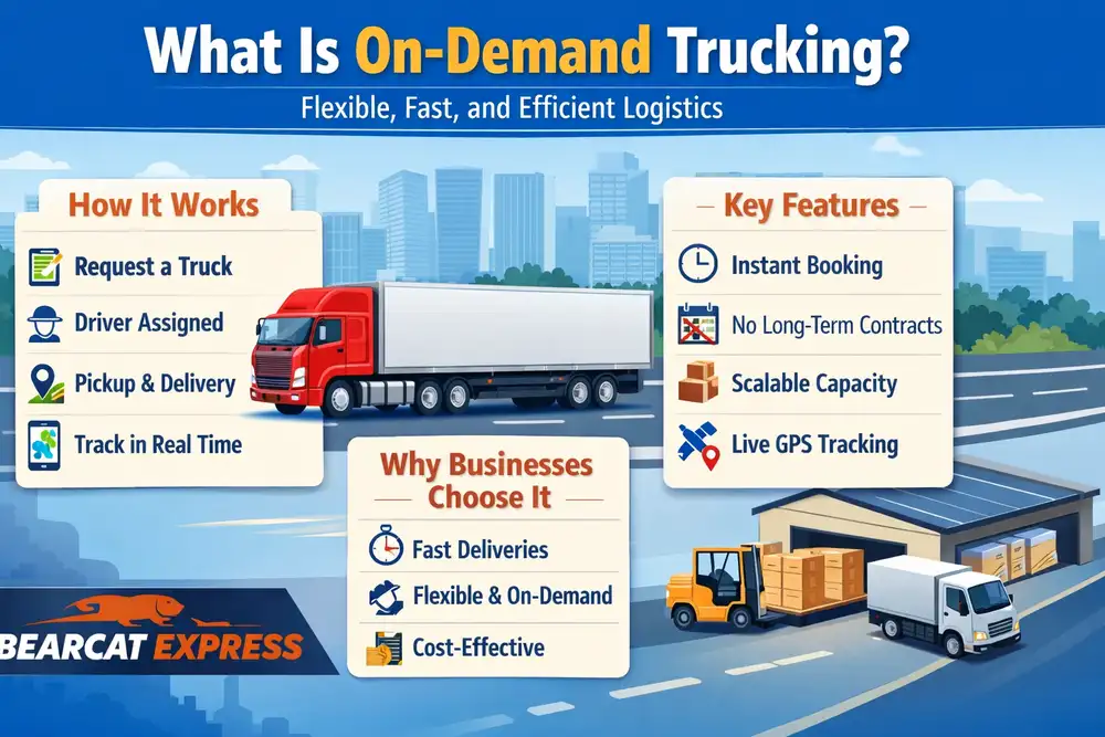 Infographic explaining on demand trucking process, key features, and benefits including instant booking, GPS tracking, and fast deliveries with Bearcat Express branding.
