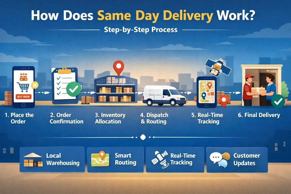 How does same day delivery work infographic showing step-by-step process from order placement to final delivery with tracking and routing