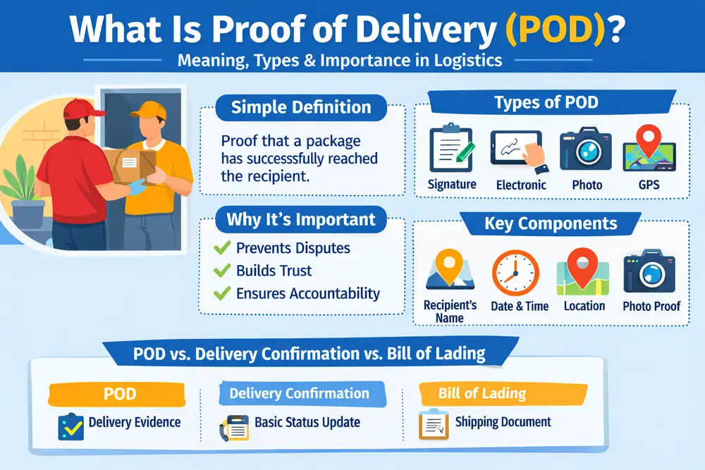 Infographic explaining what proof of delivery (POD) is, including meaning, types, importance, and key components in logistics with comparison to delivery confirmation and bill of lading.