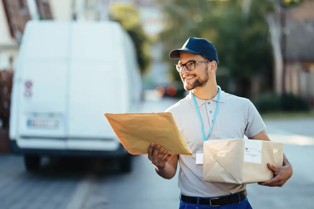 Smiling courier holding an envelope and boxed parcel while checking a delivery, showing one of the different types of courier services in action on a city street.