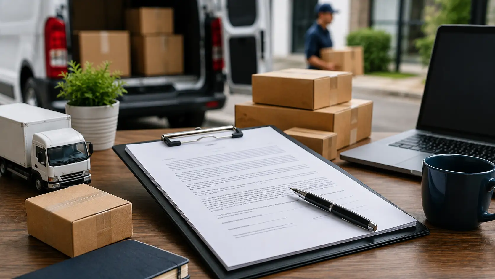 Courier delivery boxes, delivery van, signed document, and laptop arranged for a professional shipping service