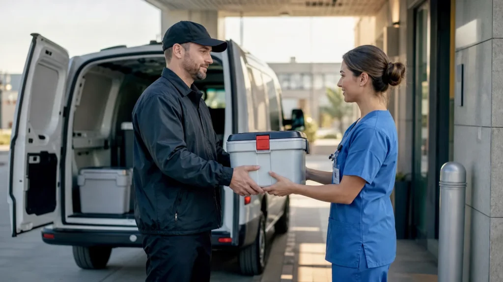 Courier handing an insulated specimen cooler to a nurse, showing how to get medical courier contracts through reliable handoffs