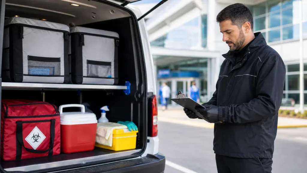 Medical courier checking a clipboard beside a van stocked with insulated bags, a biohazard bag, and a spill kit outside a hospital