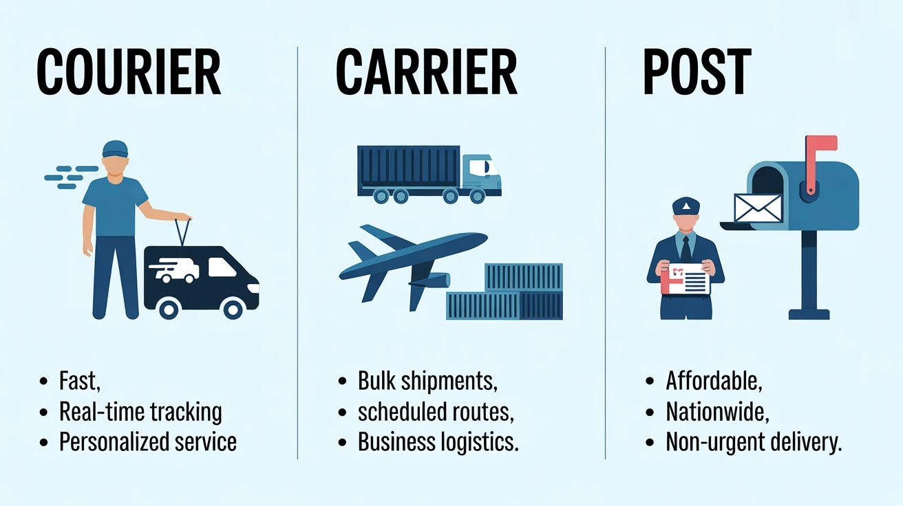 Comparison of courier, carrier, and post delivery services showing their key differences in speed, shipment type, and cost.