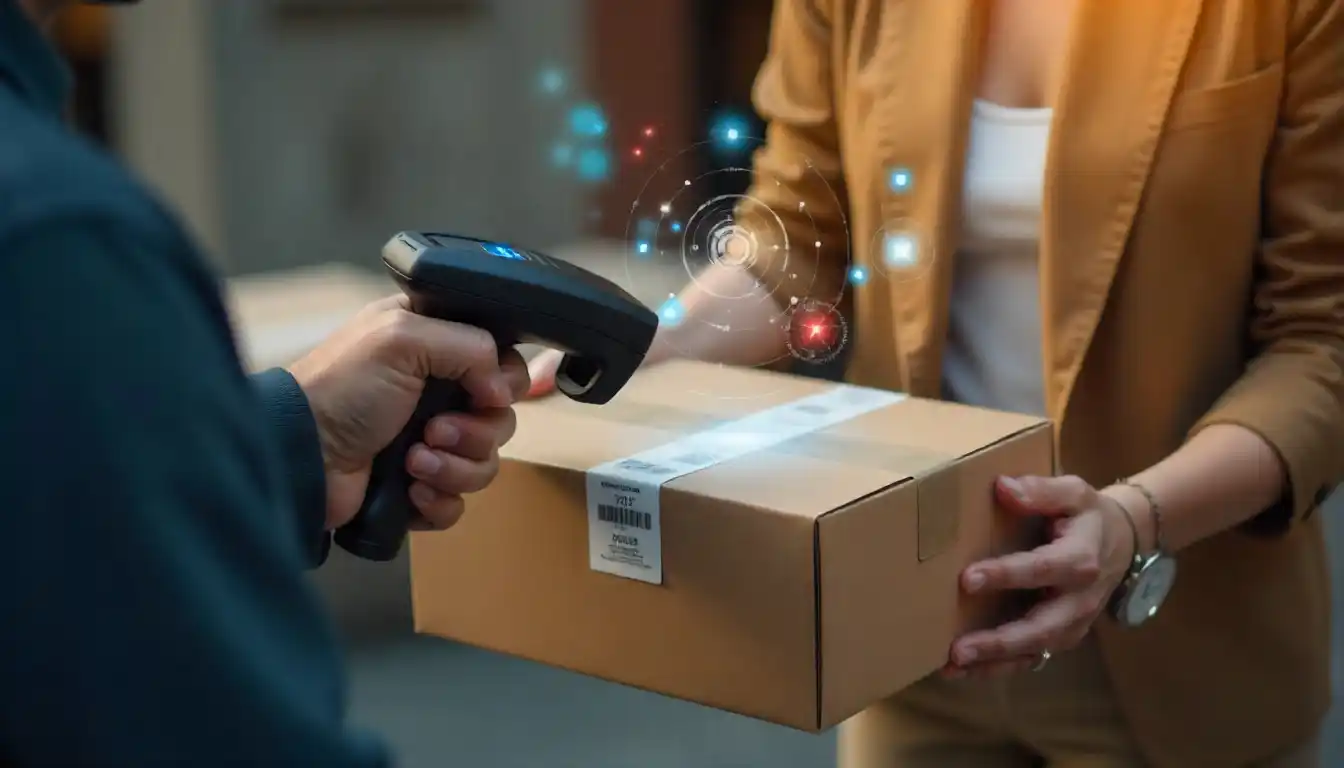 Courier scanning a package showing how delivery companies track packages in real time