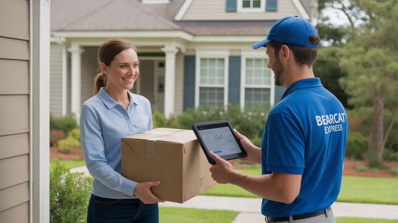 Bearcat Express courier scanning a package at a local courier facility in Augusta, GA
