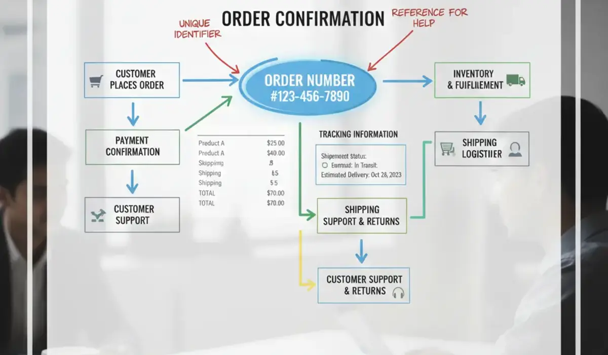 A comprehensive digital infographic titled 'Order Confirmation' explaining the role of an order number as a unique identifier and reference for help, connecting customer placement to shipping and support.