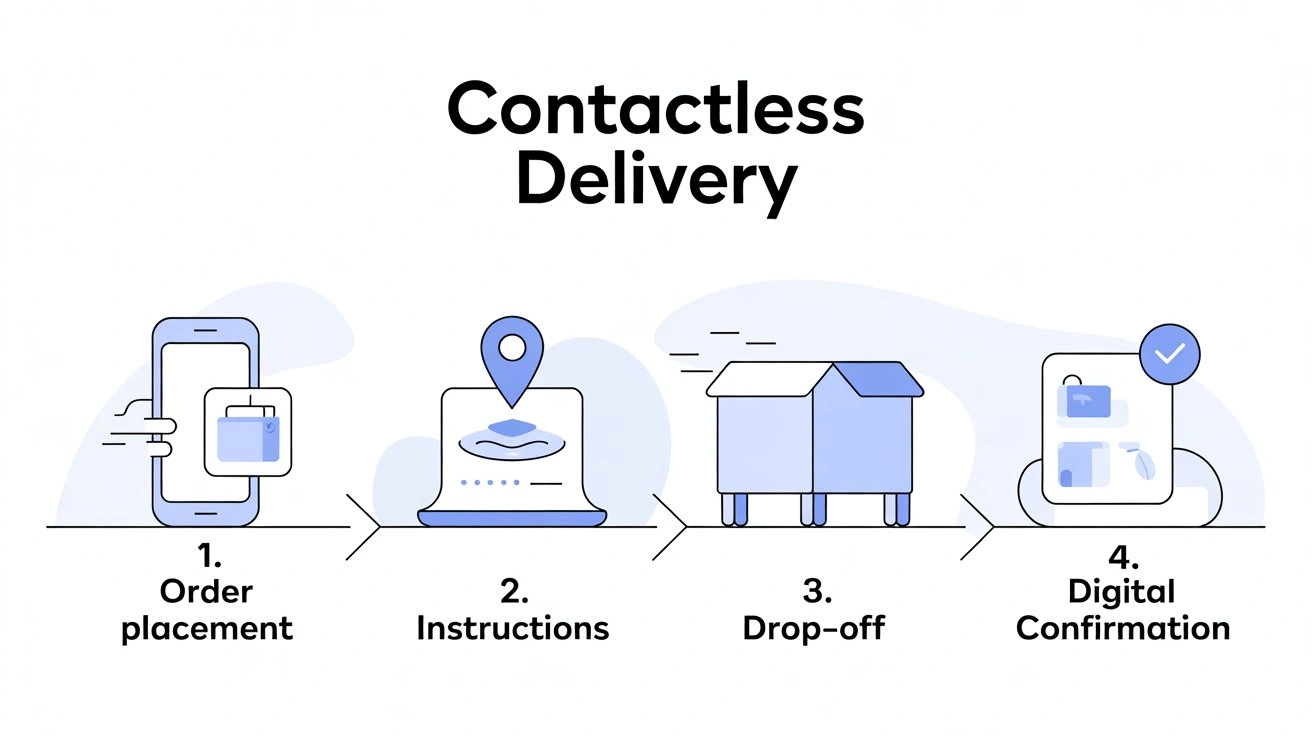A four-step infographic explaining what is contactless delivery: order placement on a smartphone, providing specific drop-off instructions, the physical drop-off of the package, and receiving a digital confirmation.