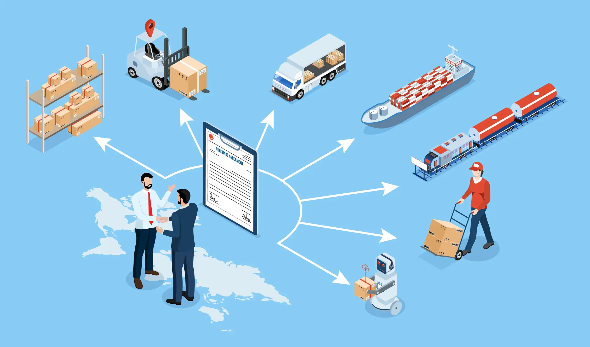Illustration showing what is logistics services with delivery trucks and warehouse operations