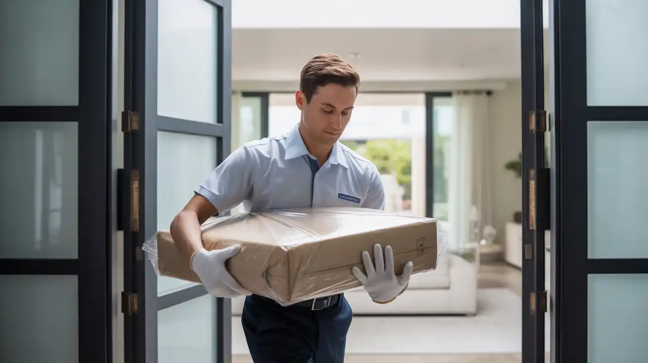 A professional courier demonstrating what is white glove delivery by carefully handling a fragile package.
