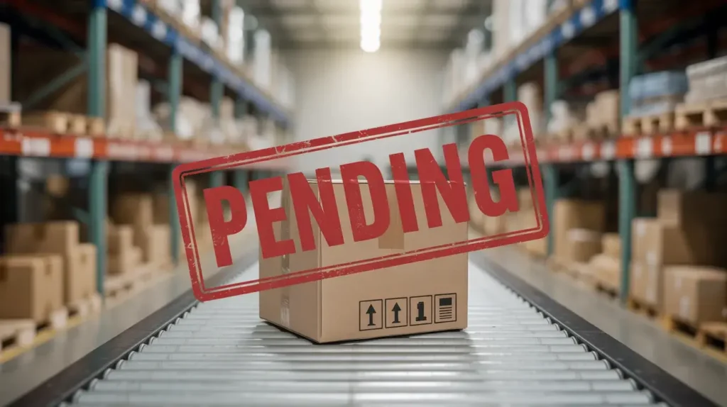 A cardboard package on a warehouse conveyor belt stamped “PENDING,” illustrating what does shipment pending mean in shipping and courier processes.