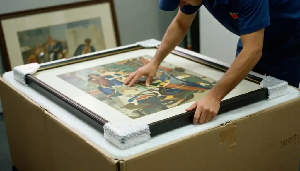 Professional courier packing a large framed painting in a protective crate with bubble wrap and foam indoors.