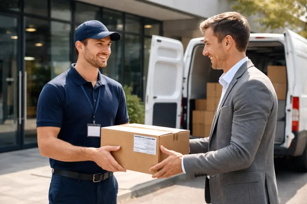 A professional delivery service provider handing a package to a customer at a business location, delivery van in the background, daylight, realistic photography, modern logistics concept, trustworthy and efficient atmosphere