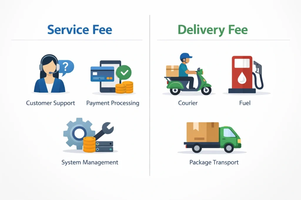 An infographic-style image showing the difference between a service fee and a delivery fee. Left side labeled 'Service Fee' with icons for customer support, payment processing, and system management. Right side labeled 'Delivery Fee' with icons for courier, fuel, and package transport. Clean, professional design, light background, modern flat style, clear text labels.