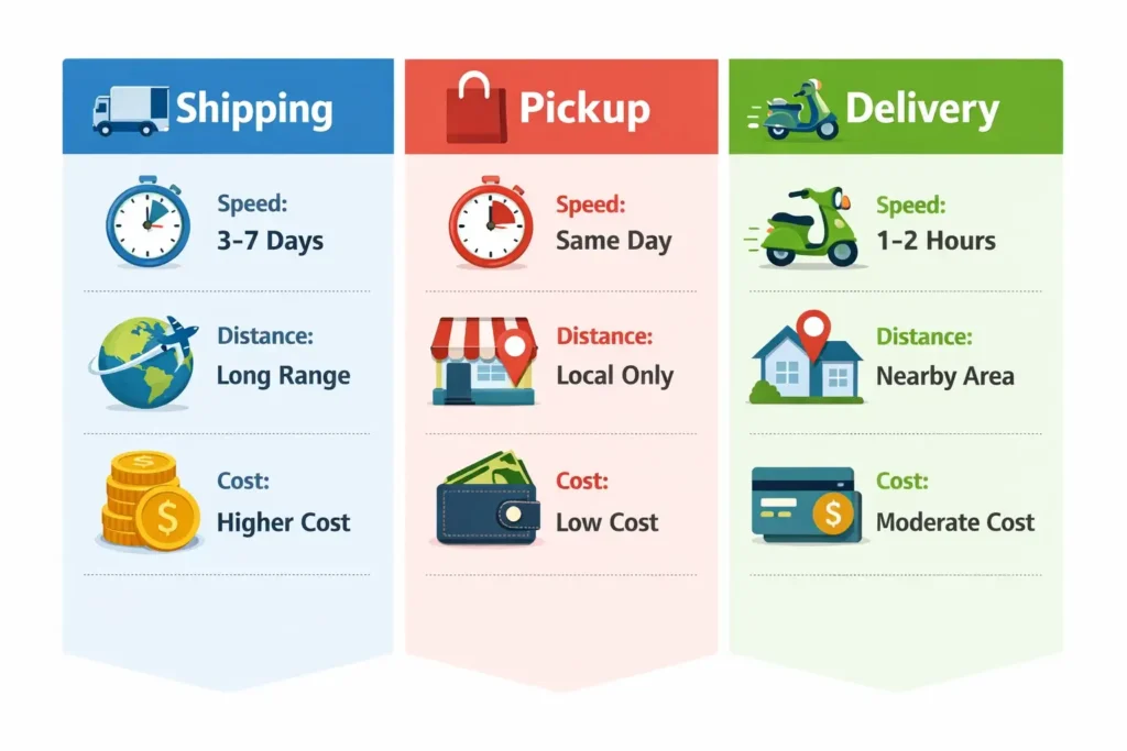 Infographic showing the difference between shipping, pickup, and delivery, comparing speed, distance, and cost for each service.