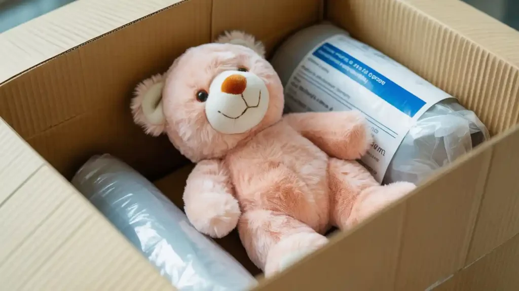 Stuffed animal packed securely in a cardboard box with packing materials and a visible shipping label, ready for delivery.