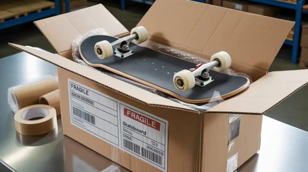 Skateboard wrapped in bubble wrap inside a labeled cardboard shipping box, ready for delivery.