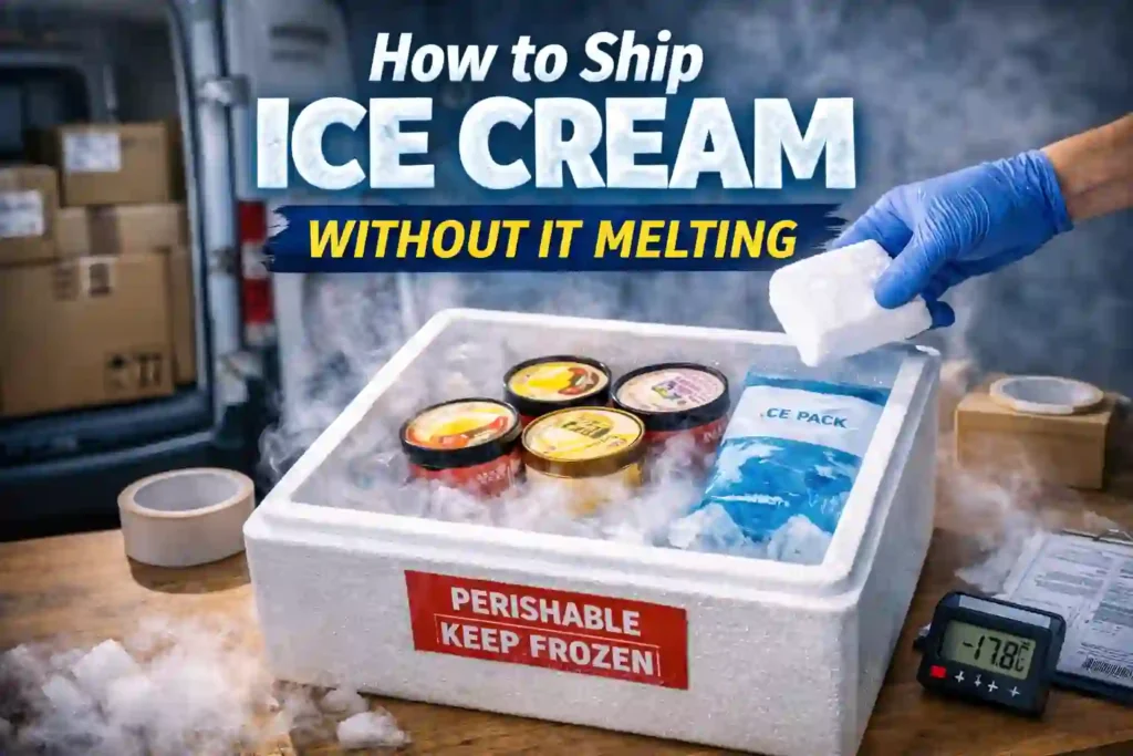 Open styrofoam cooler with ice cream tubs and dry ice, showing a gloved hand adding dry ice to keep contents frozen during shipping.